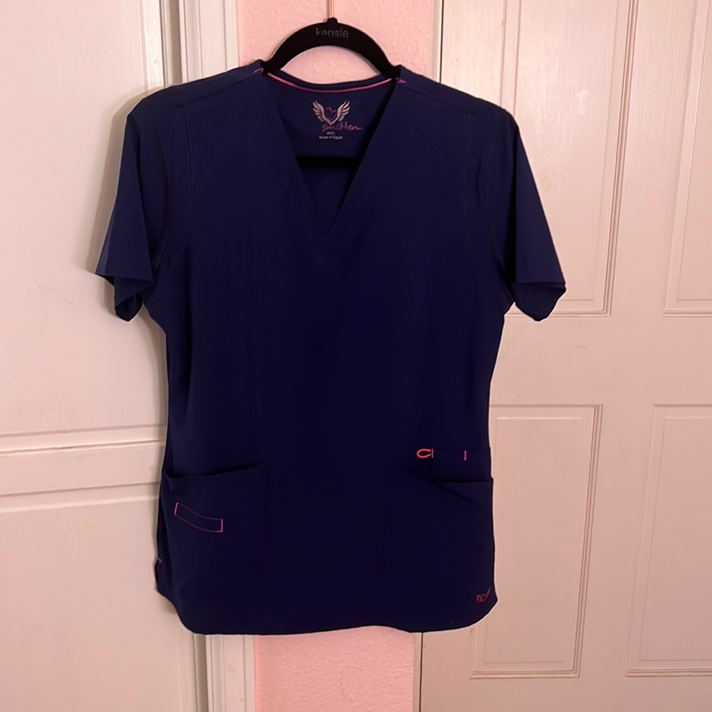 Navy blue scrubs with pink details